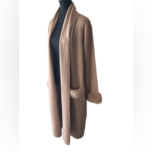 NEW Max Sport Medium Long Cardigan Jacket Tan Nude Faux Fur Designer Coat NWT - Picture 11 of 16